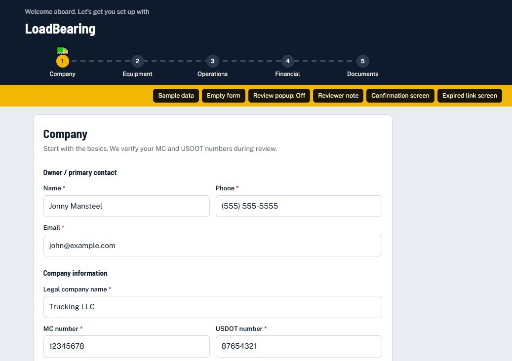 Carrier onboarding form with five setup steps and verification fields