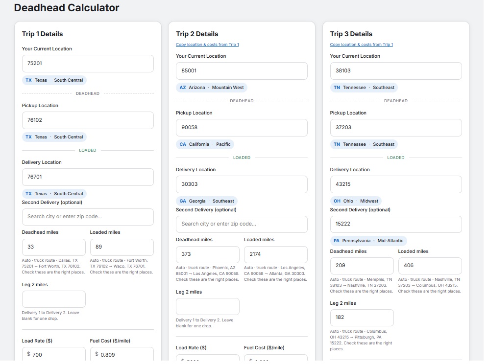 Deadhead calculator showing deadhead percentage and maximum affordable deadhead