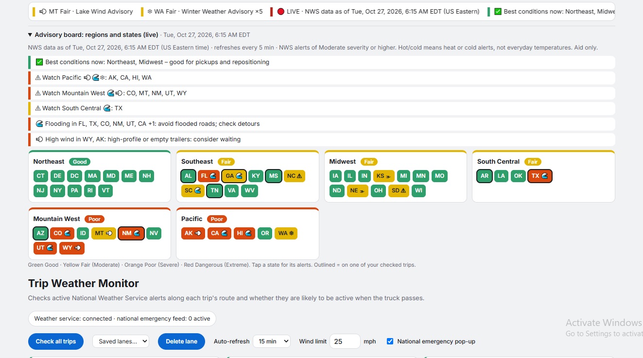 Trip weather monitor showing route alerts and departure time options